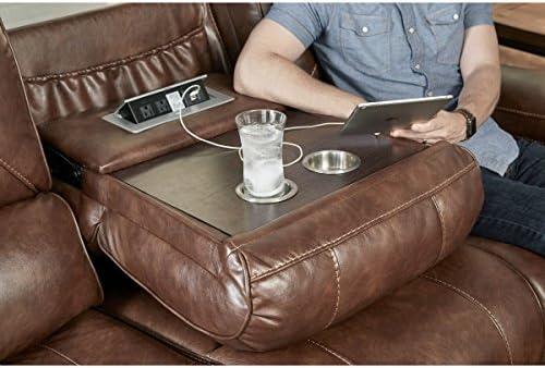 Roundhill Furniture Achern Brown Leather Nailhead Manual Reclining Sofa with Storage Console and USB Port