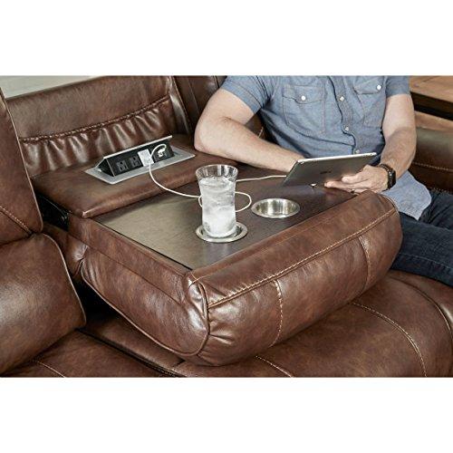 Roundhill Furniture Achern Brown Leather Nailhead Manual Reclining Sofa with Storage Console and USB Port