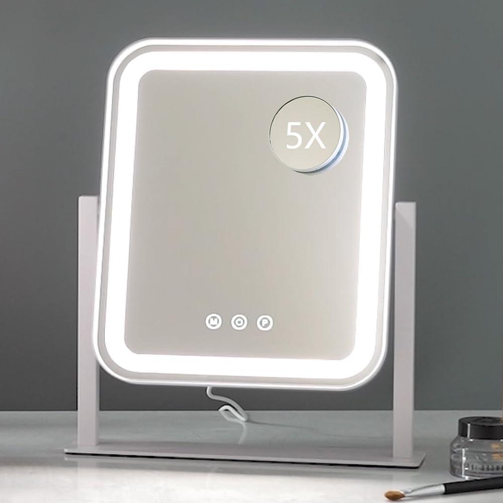 HIEEY Lighted Makeup Mirror, Hollywood Vanity Mirror with Lights, Three Color Lighting Modes, and 5X Magnification Mirror, Smart Touch Control, 360°Rotation (14.1in,White,Gift Box)