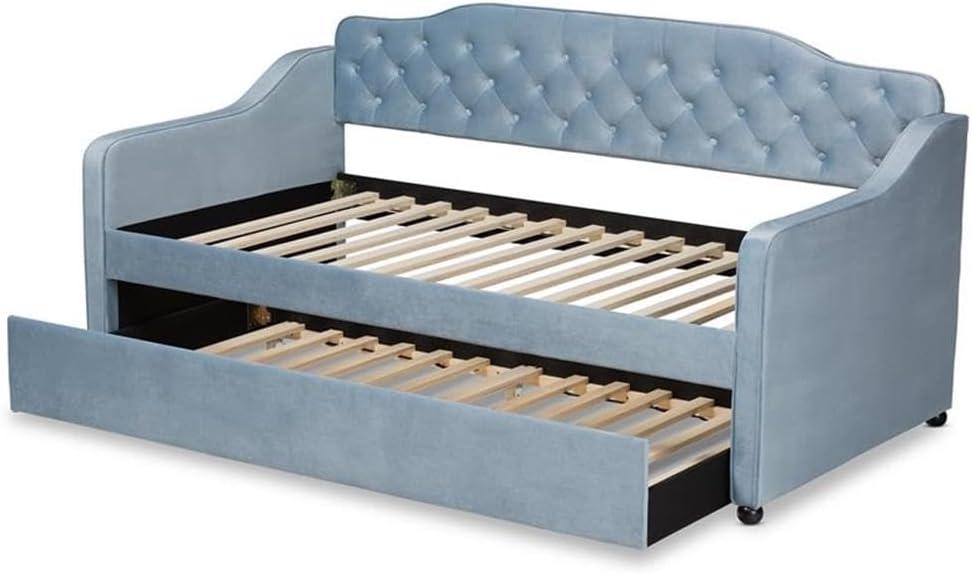 Twin Freda Velvet Tufted Daybed with Trundle Light Blue - Baxton Studio: Upholstered, Mid-Century Modern, No Box Spring Required