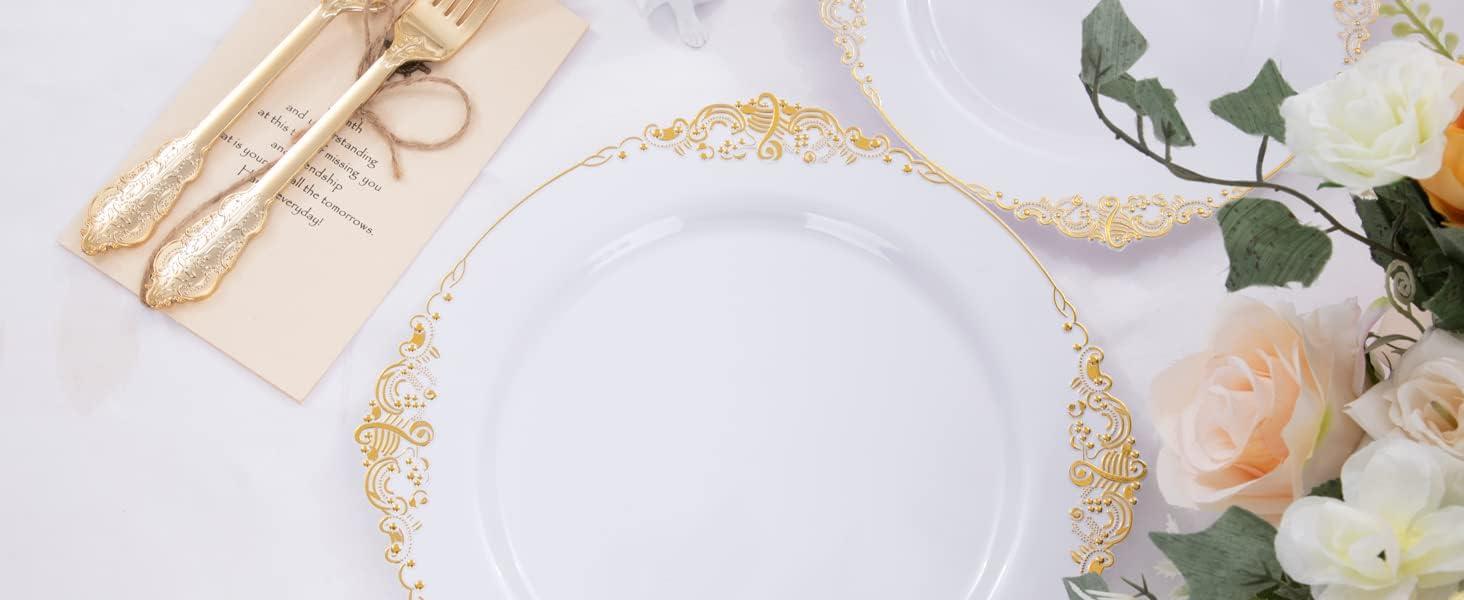 Elegant White and Gold 10.25" Plastic Dinner Plates Set