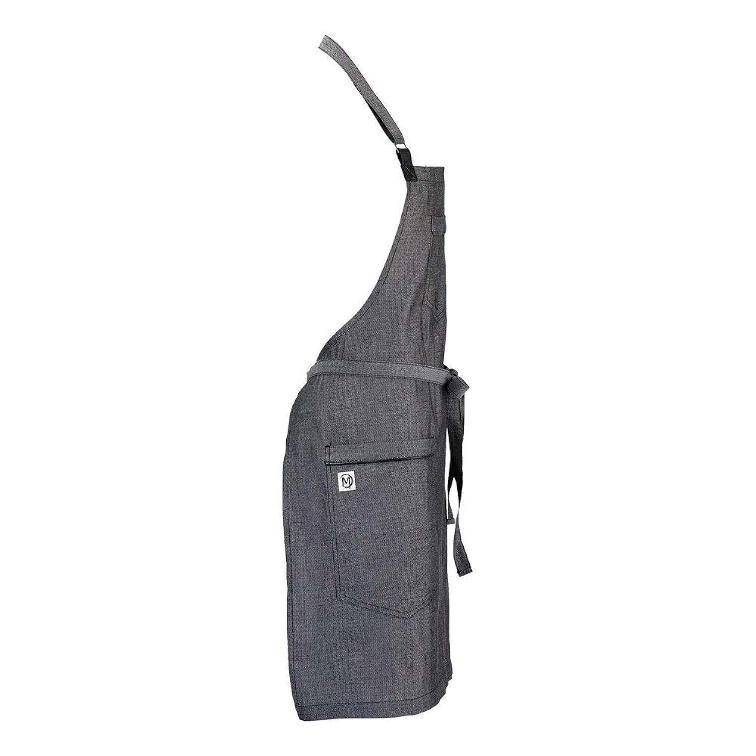 Mercer Culinary Metro Edge Renegade Bib Server Apron, Black Denim with Brown Leather Straps