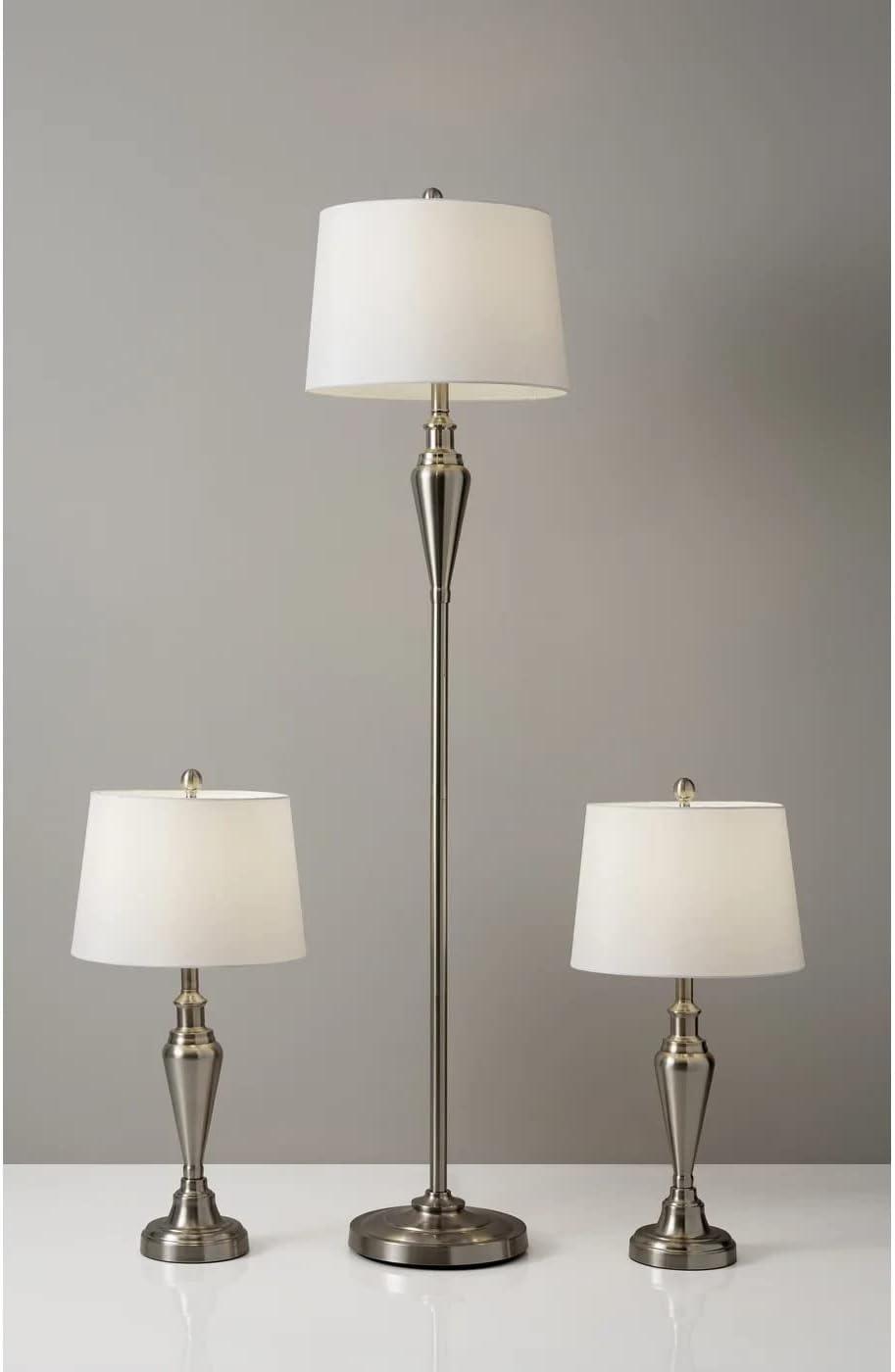 (Set of 3) Glendale Lamp Set Brushed Steel - Adesso: Antique Brass Finish, Polyester Shades, UL Listed