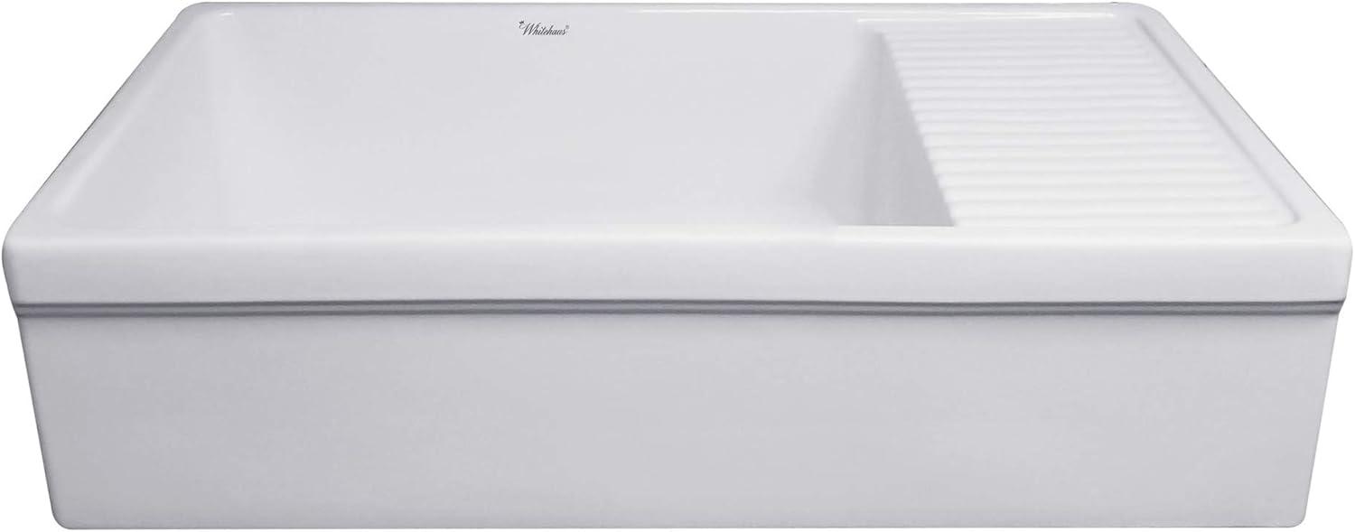 Whitehaus Collection WHQD540-M-WHITE Whitehaus Collection 36” Single Bowl Fireclay Kitchen Sink: Integral Drainboard, Lip Front Apron