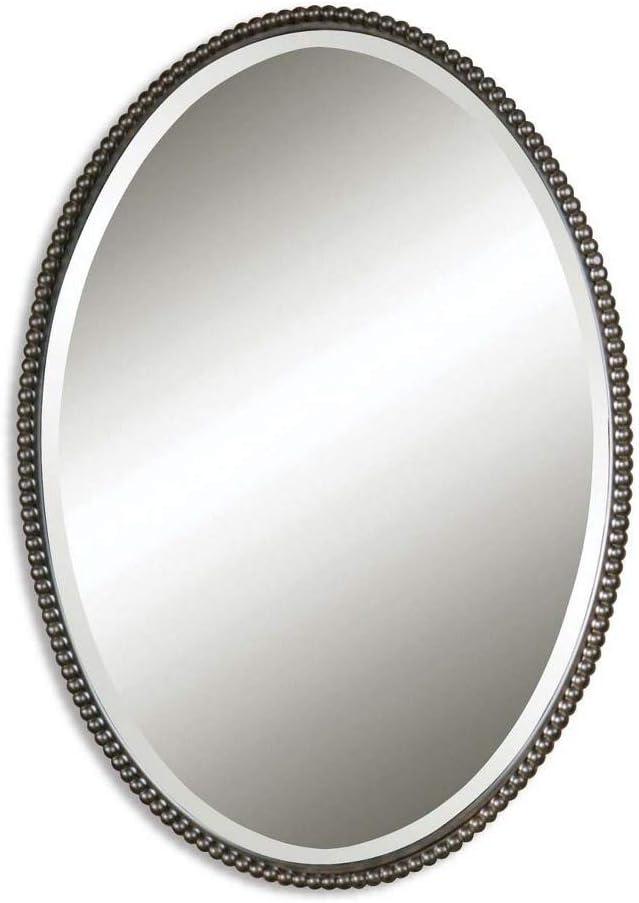 Uttermost Oval Vanity Decorative Wall Mirror Vintage Brown Beveled Oil Rubbed Bronze Beaded Frame 22" Wide for Bathroom Bedroom