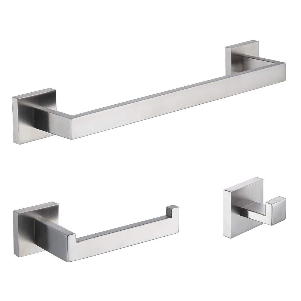 TASTOS 3-Piece Bathroom Hardware Set Brushed Nickel Wall Mounted Bathroom Accessory Set, Premium Stainless Steel Robe Hook Toilet Paper Holder 16-Inch Towel Bar (Silver)
