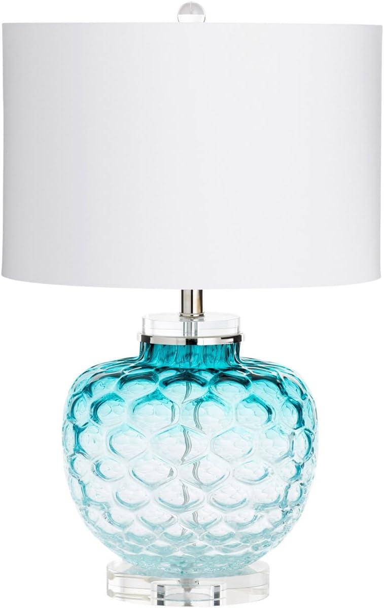 Teal Glass Table Lamp with Off-White Cotton Shade