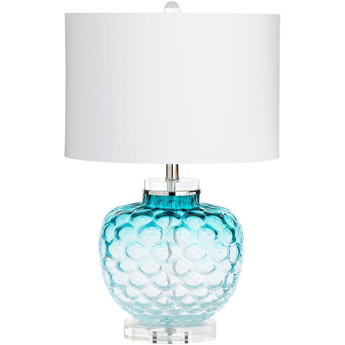 Teal Glass Table Lamp with Off-White Cotton Shade