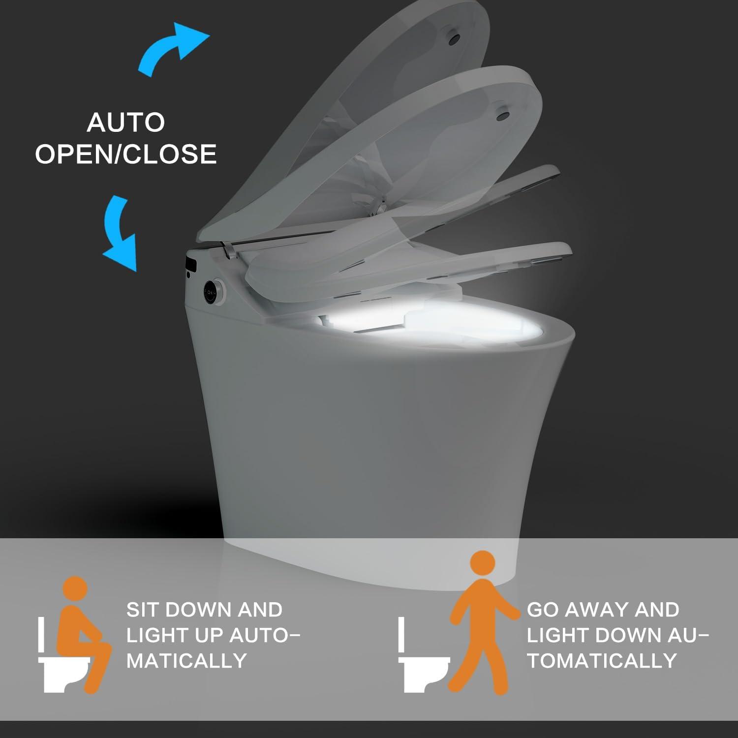 Smart Toilet with Warm Water Sprayer, Foot Sensor Operation, Heated Bidet Seat, Raised Tankless Toilet with LED Display