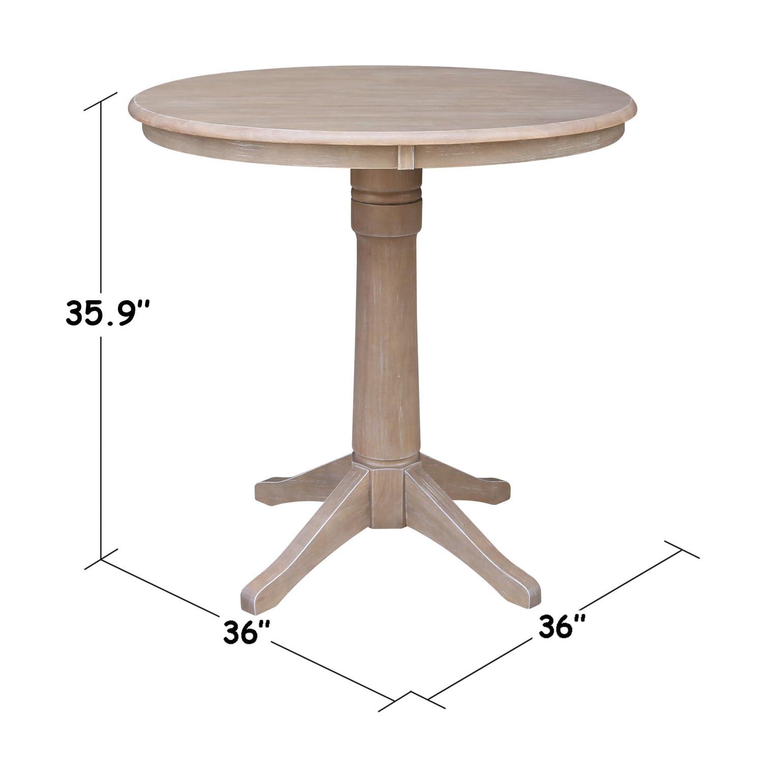 Round Top 36" x 36" Solid Wood Pedestal Dining Table in Washed Gray Taupe