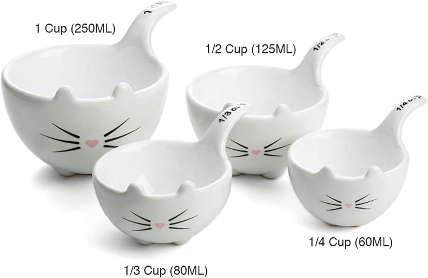 White Ceramic Cat Measuring Cups: Set of Cat Shaped Bowls - 1 Cup, 1/2 Cup, 1/3 Cup and 1/4 Cup