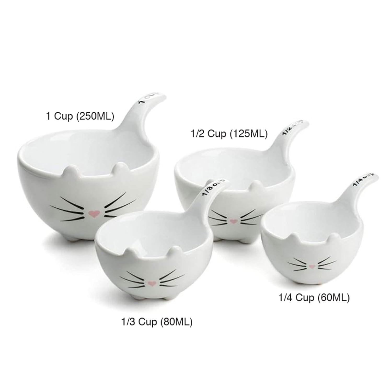 White Ceramic Cat Measuring Cups: Set of Cat Shaped Bowls - 1 Cup, 1/2 Cup, 1/3 Cup and 1/4 Cup