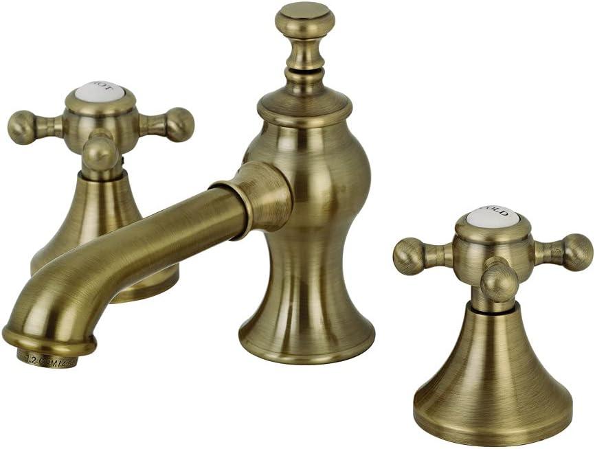 Kingston Brass English Country Two-Handle 3-Hole Deck Mount Widespread Bathroom Faucet with Brass Pop-Up Drain