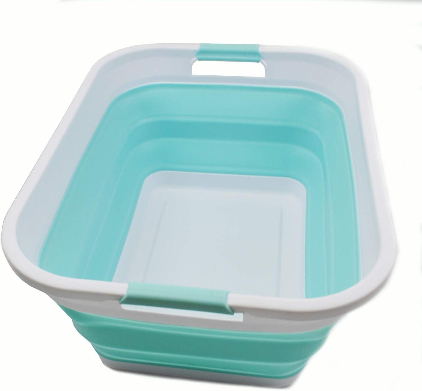 White and Lake Green Collapsible Plastic Laundry Basket