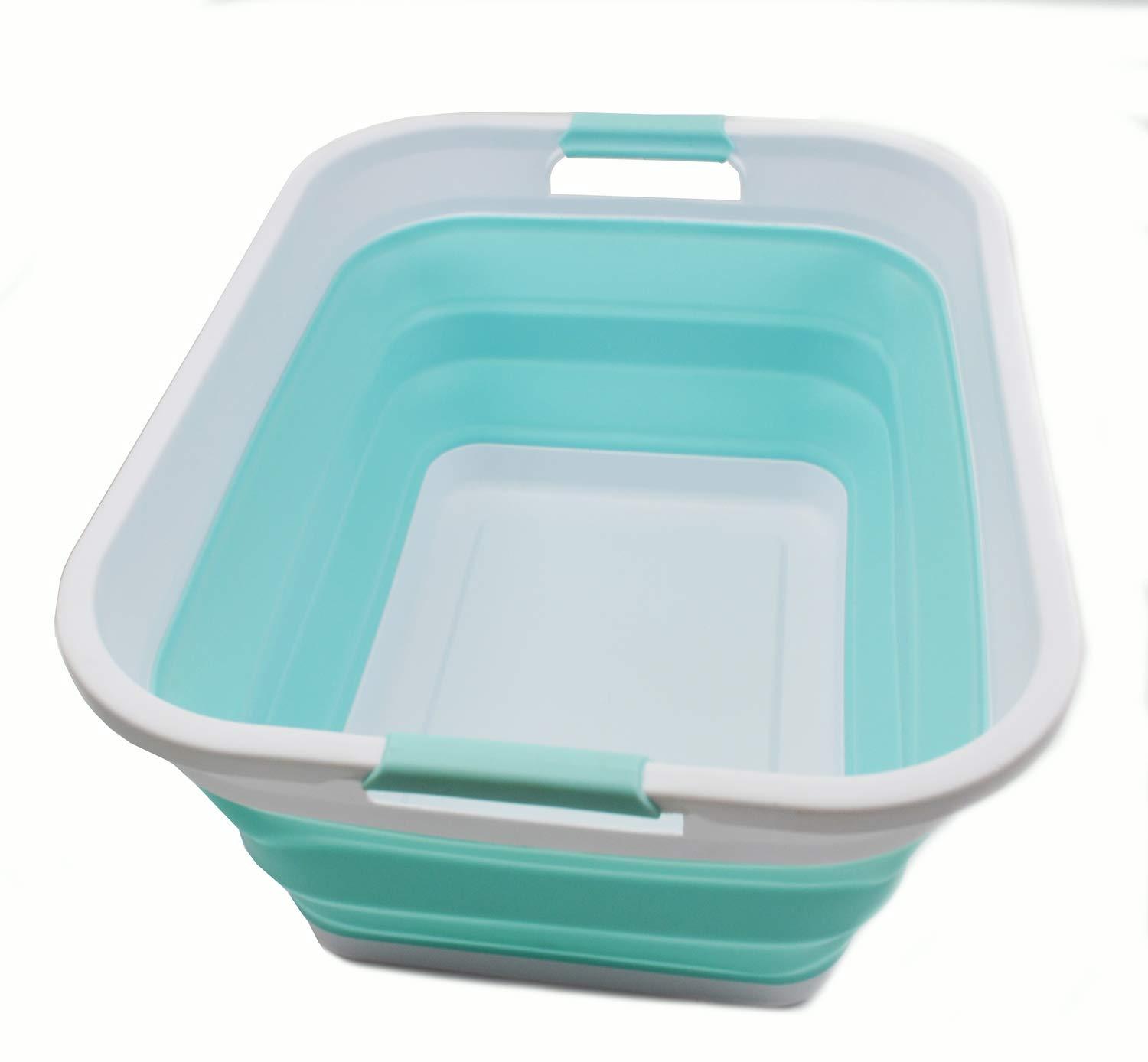 SAMMART 41L (10.8 gallon) Collapsible Plastic Laundry Basket, White/Lake Green