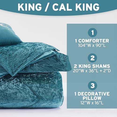 Intelligent Design King/Cal King Size Comforter Sets, 4-Piece Velvet Bedding Set for All Seasons, Teal Comforter Bed Set with Decor Pillow