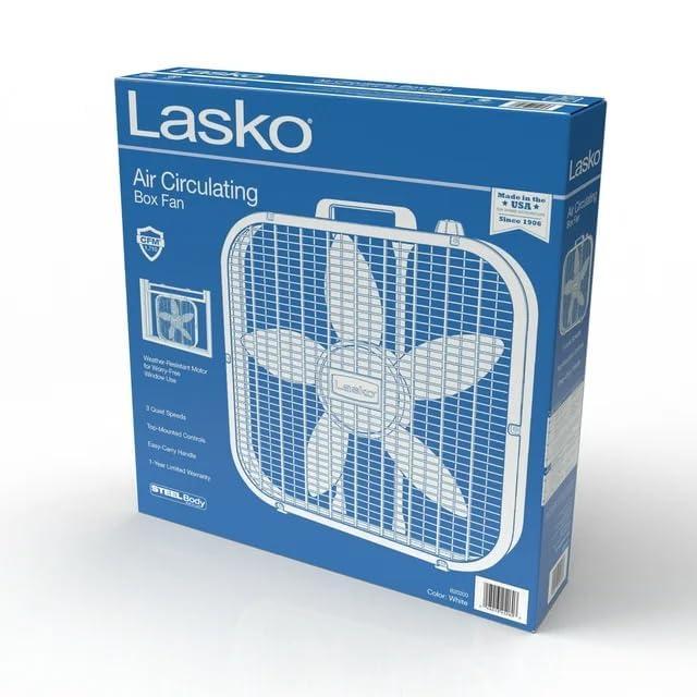 Lasko 20" Classic Box Fan with Weather-Resistant Motor, 3 Speeds, 22.5" H, White, B20200, New