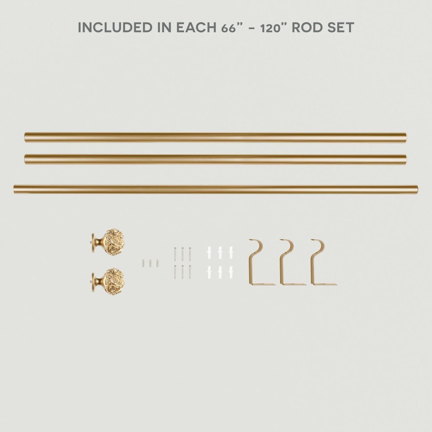 EXCLUSIVE HOME Peony 1" Curtain Rod and Coordinating Finial Set, Gold, Adjustable 66"-120