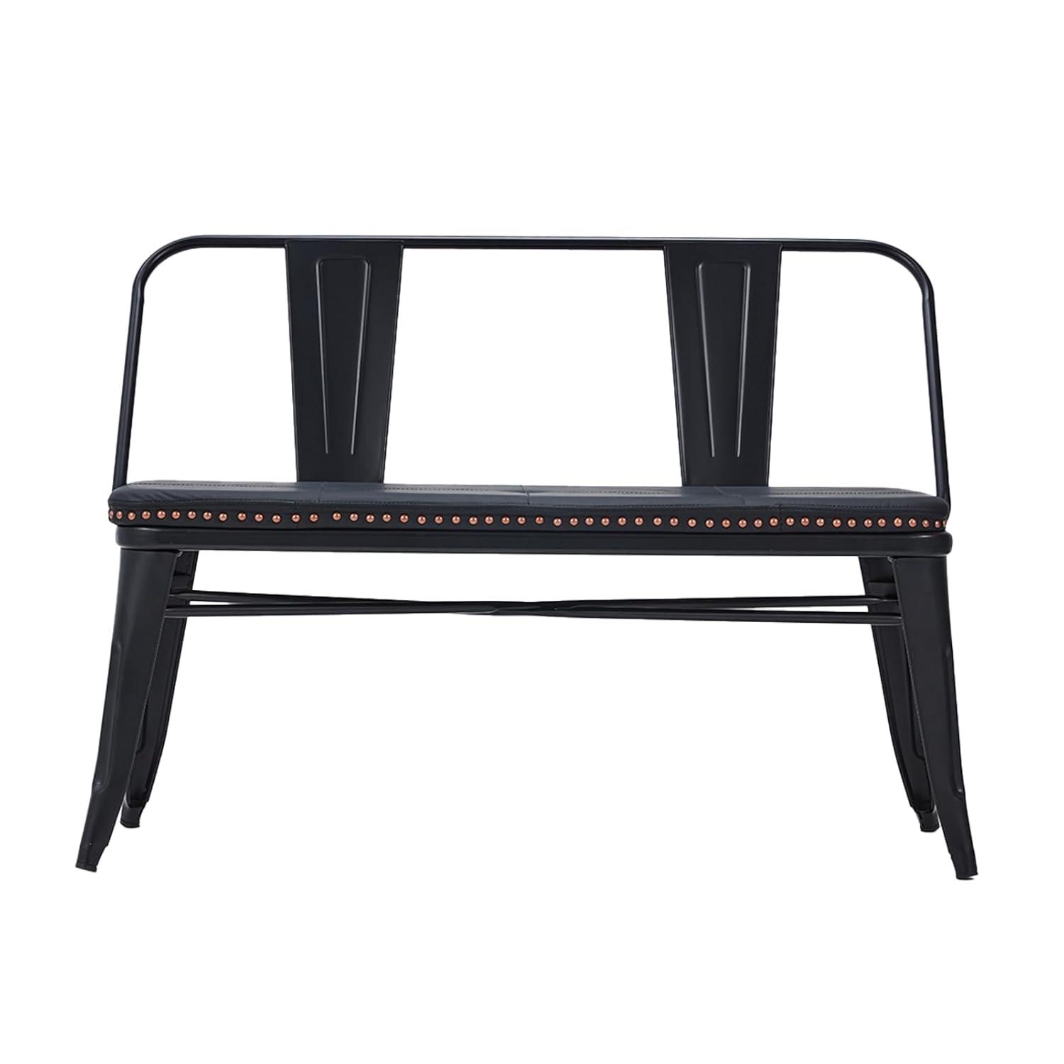 YOLENY Dining Bench, Entryway Bench with Back, Farmhouse Metal Dining Bench, Industrial Mid-Century 3 Person Rustic Spindle Bench, with Leather Seat, Removable Backrest, 42in, Black