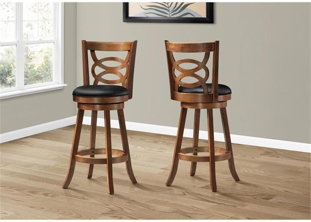 Dark Oak Swivel Bar Height Wood and Leather Stools, Set of 2