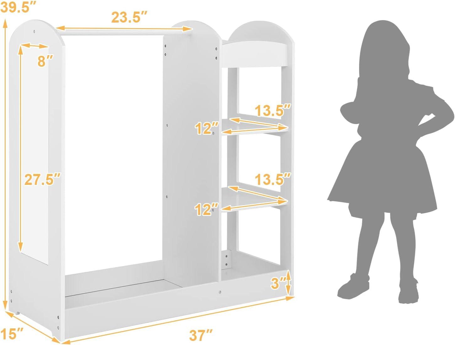 Costzon Kids Dress up Storage with Mirror, Clothes Rack, 3-Tier Shelves, Bottom Tray, Pretend Play Costume Dresser Organizer Center, Open Hanging Armoire Closet for Little Girls (White)