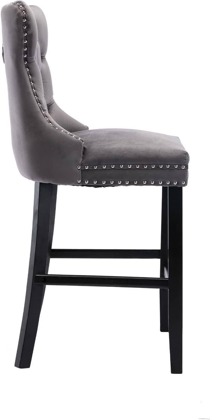 Gray Velvet Upholstered Wingback Barstools with Nailhead Trim