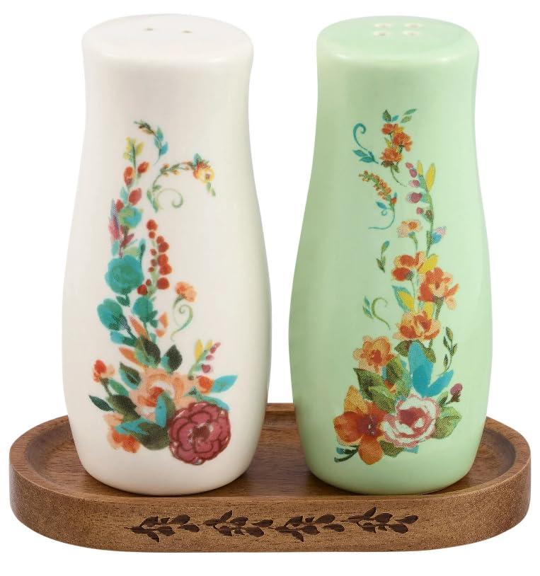 The Pioneer Woman Painted Meadow 3 Pieces Salt & Pepper Shakers with Acacia Wood Tray Set