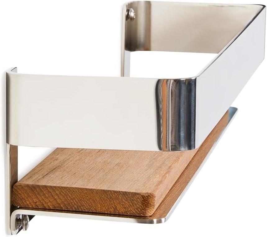 Floating Rectangular Shower Shelf with Rail in a Polished Finish and Natural Teak Wood Insert
