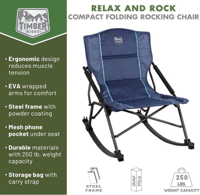 Folding Rocking Camping Chair with Hard Armrests, Portable Outdoor Rocker for Patio, Garden, Lawn, Supports up to 250 lbs, Blue