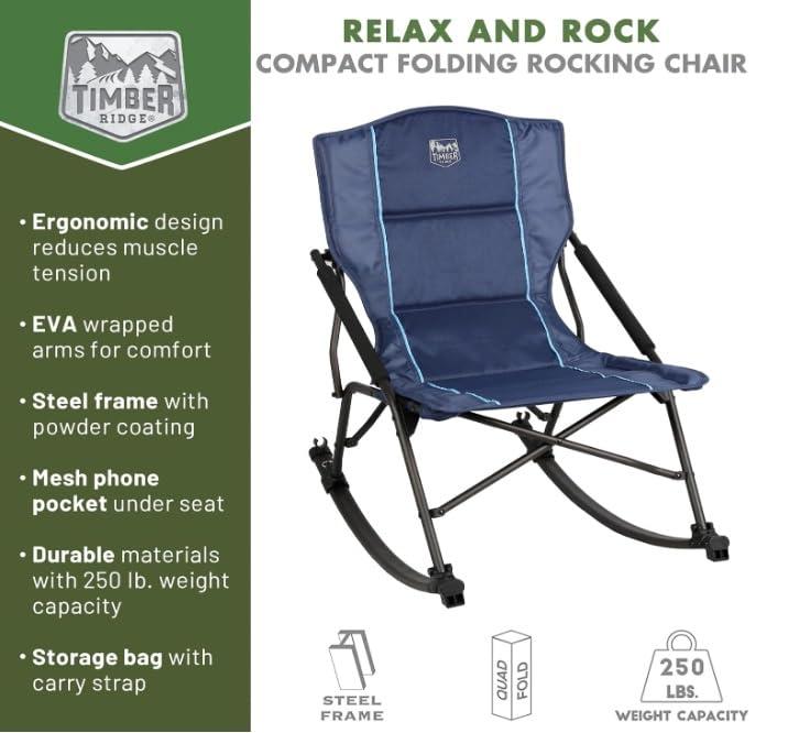 Folding Rocking Camping Chair with Hard Armrests, Portable Outdoor Rocker for Patio, Garden, Lawn, Supports up to 250 lbs, Blue