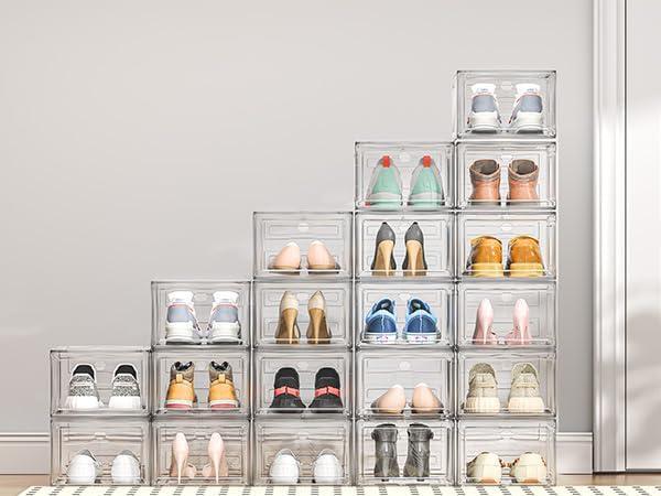 Clear Stackable Plastic Shoe Storage Boxes with Magnetic Door