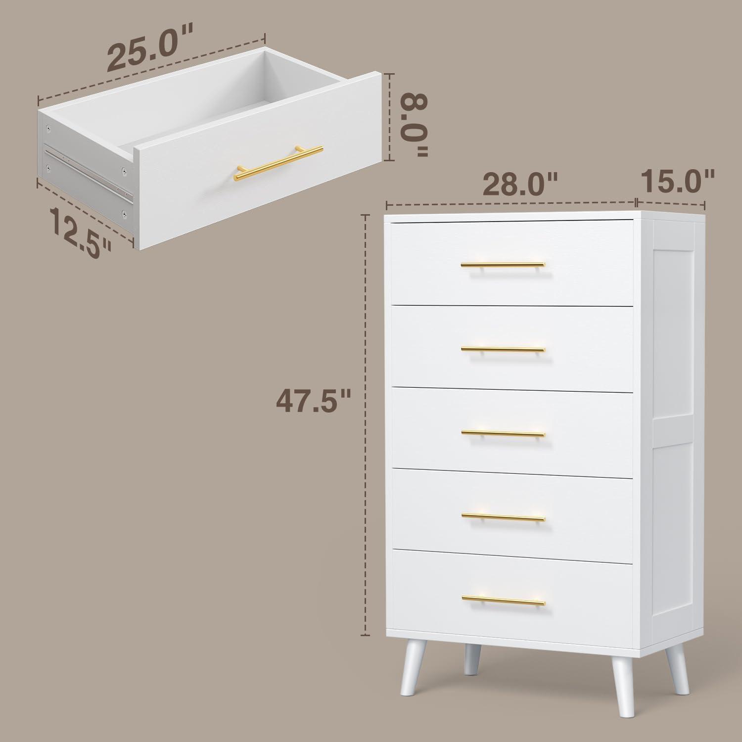 Aiho 5 Drawer Wood Dressers, Wide Chest of Drawers with Gold Handles for Living Room , White