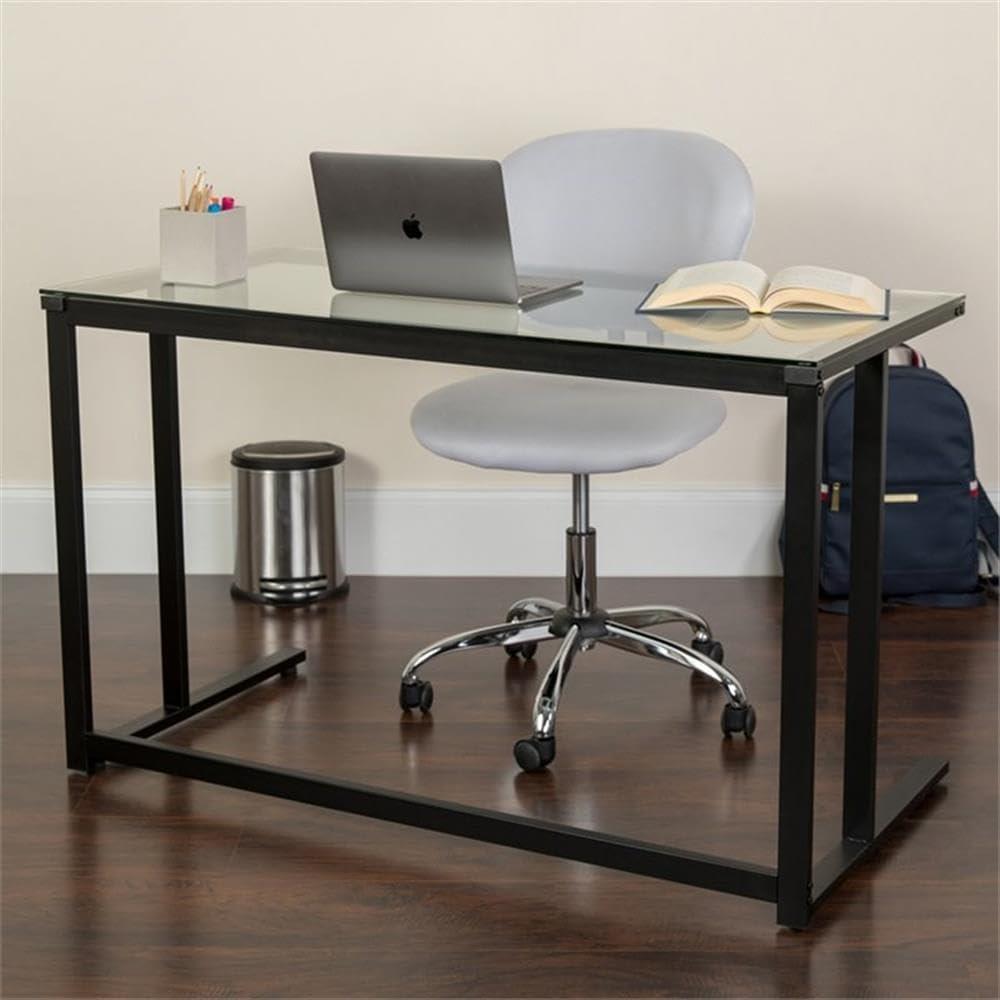 Flash Furniture Glass Desk with Black Pedestal Metal Frame