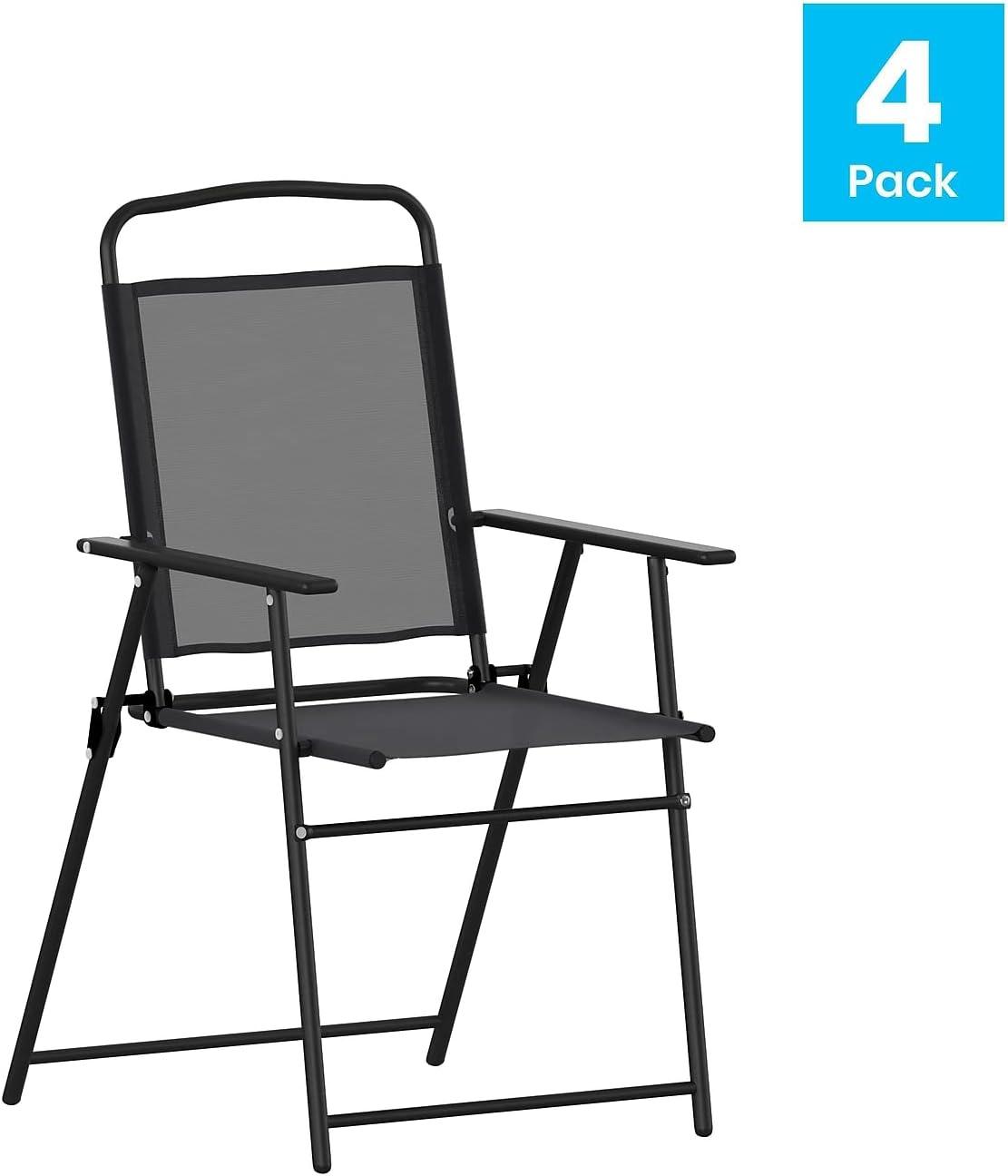 Flash Furniture Set of 4 Mystic Folding Patio Sling Chairs, Outdoor Textilene Lawn Chairs with Armrests in Black