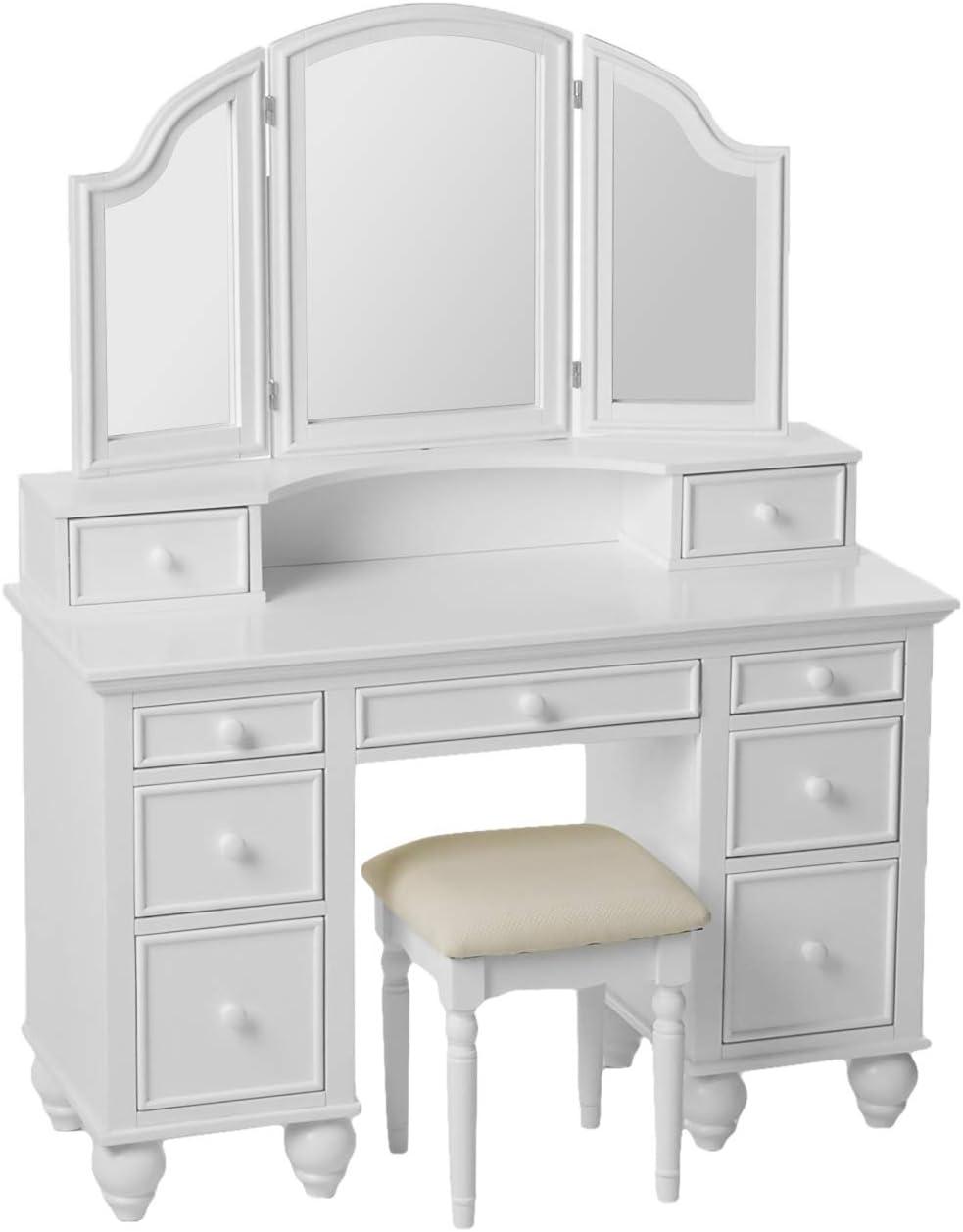 Athy White Vanity with Tri-Fold Mirror and Stool