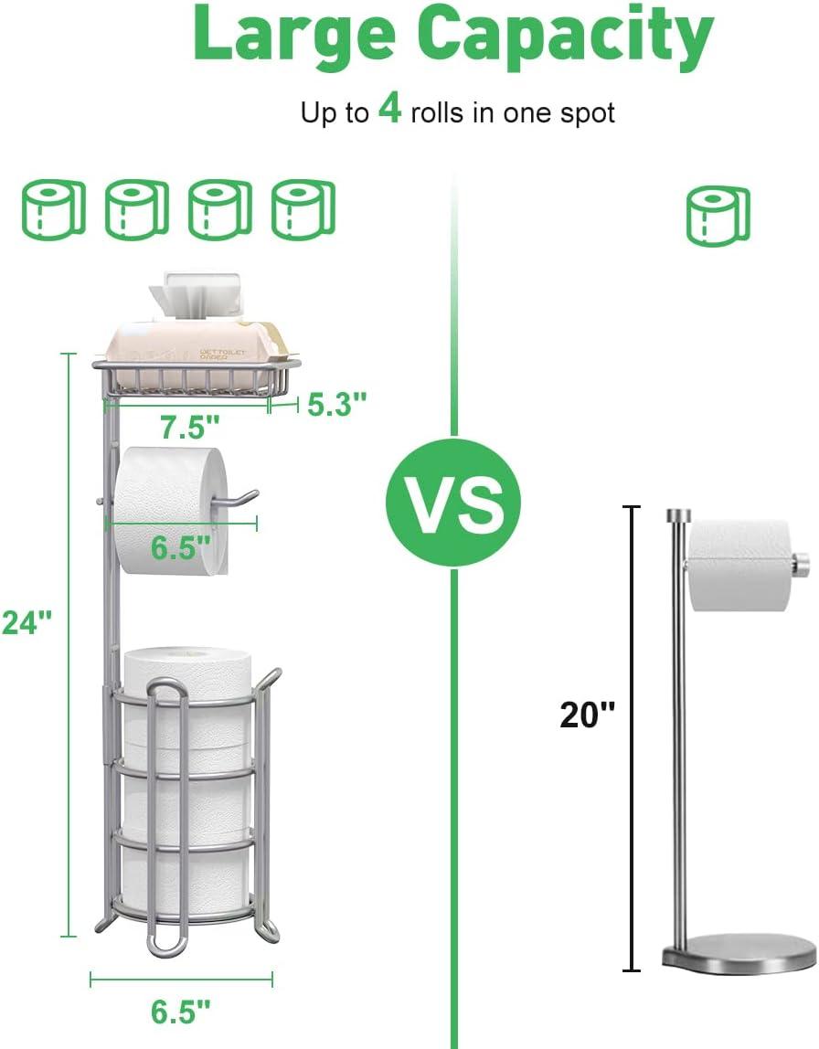 Silver Freestanding Toilet Paper Holder with Extra Storage Shelf