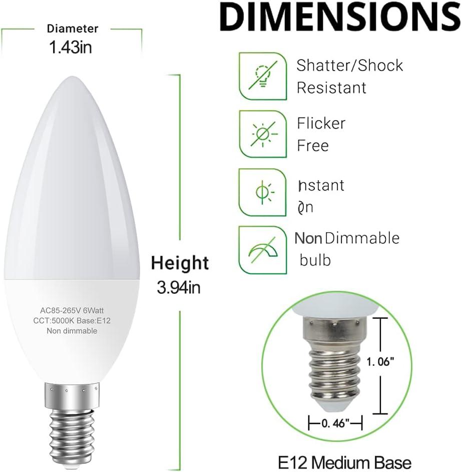 TGMOLD 6W LED E12 Candelabra Light Bulbs, 6 Watts (60W Equivalent), Daylight White 5000K, Chandelier Bulbs for Table Lamp, Chandelier, Ceiling Fan, Kitchen, 6 Pack