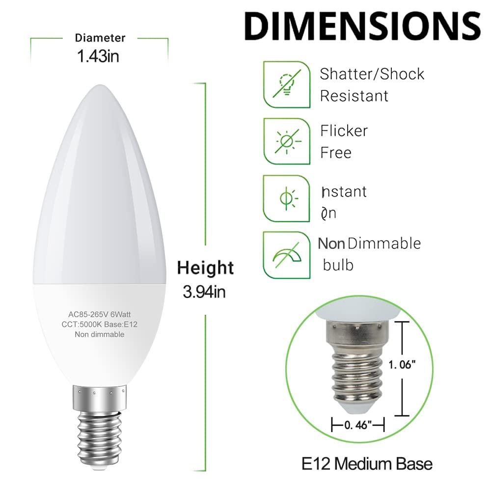 TGMOLD 6W LED E12 Candelabra Light Bulbs, 6 Watts (60W Equivalent), Daylight White 5000K, Chandelier Bulbs for Table Lamp, Chandelier, Ceiling Fan, Kitchen, 6 Pack