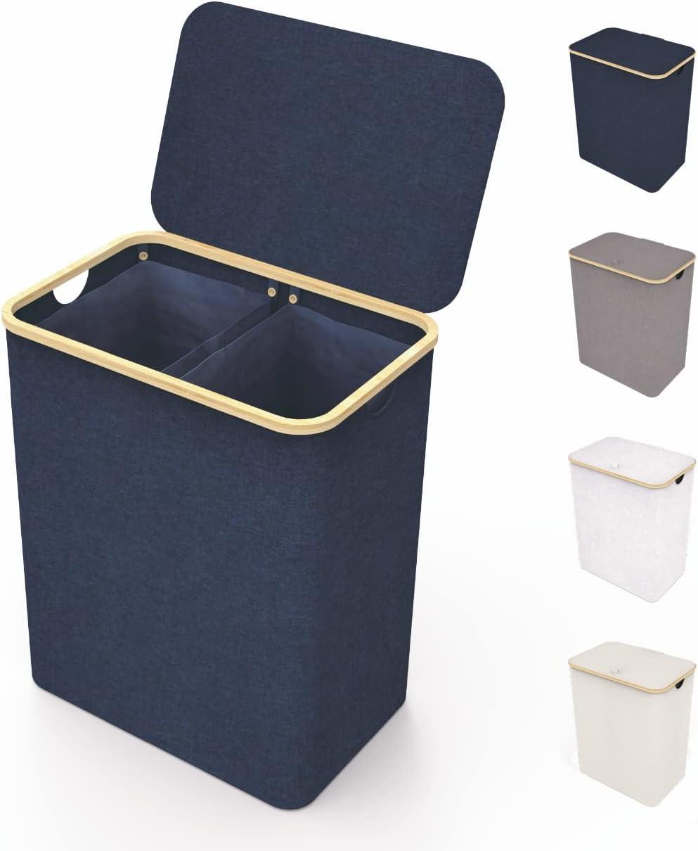 Lonbet - Double Laundry Hamper with Lid Cover - Bamboo Dual Section Laundry Basket - Collapsible Clothes Fabric Bin - Easy and Efficient Sorting - Removable Bags - 39.6 Gallons (3-5 Loads) - Blue