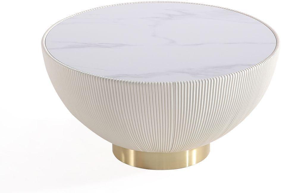 Manhattan Comfort 2pc Anderson Leatherette Upholstered Coffee Table and End Table with Metal Top Set Cream: Gold Finish, No Assembly Required