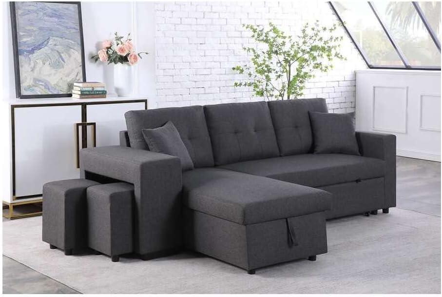 Dennis 57.5'' Dark Gray Linen Tufted Sleeper Sectional with Storage