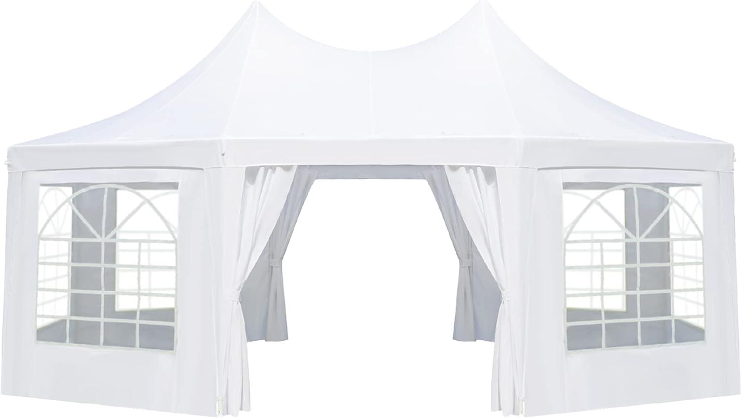 White Hexagonal Party Tent with Peaked Canopy and Removable Sidewalls