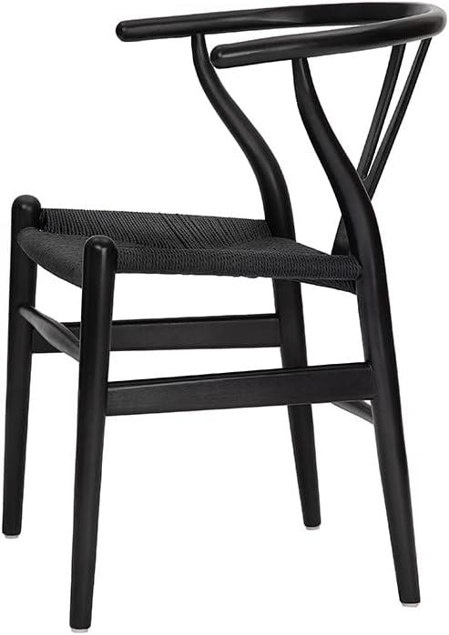 2xhome Set of 2 Wishbone Solid Wood Armchairs with Arms Open Y Back Farmhouse Dining Office Chairs with Woven Black Seat, Black