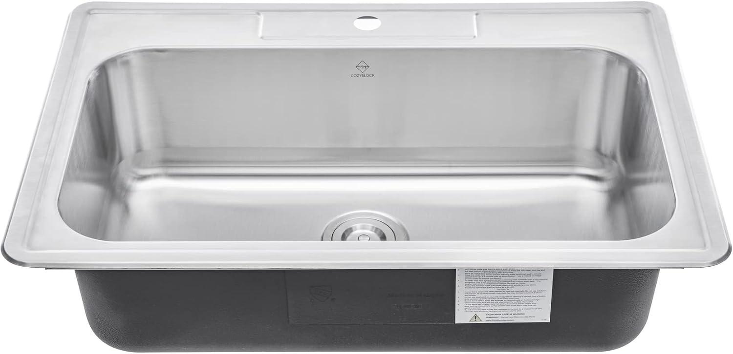 CozyBlock 33 Inch Single Bowl Topmount Drop-In 18-Gauge Stainless Steel Kitchen Sink w/ 1 Faucet Hole (Sink Only)