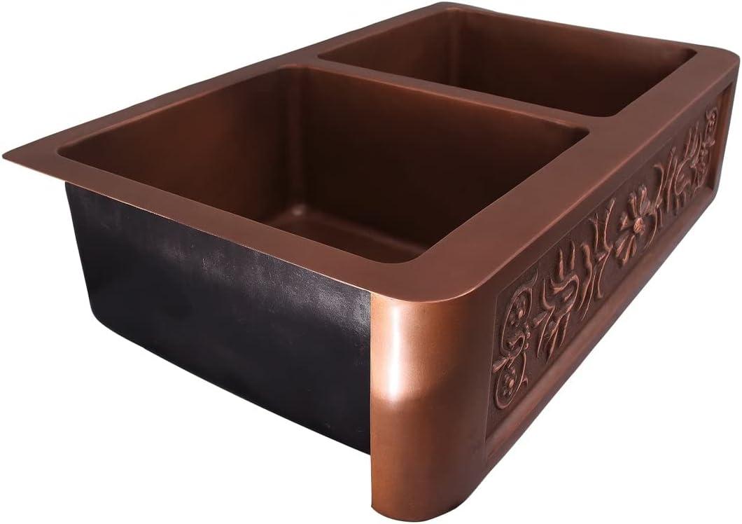 Sicily 36'' L Farmhouse / Apron Double Bowl Copper Kitchen Sink