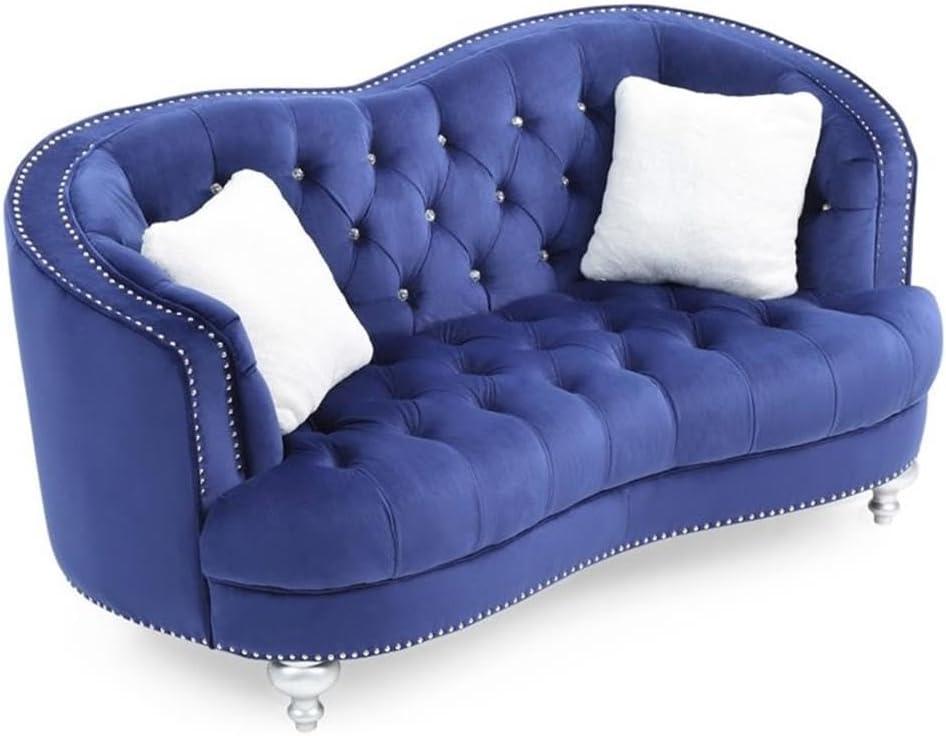 Blue Velvet Tufted Loveseat with Nailhead Trim