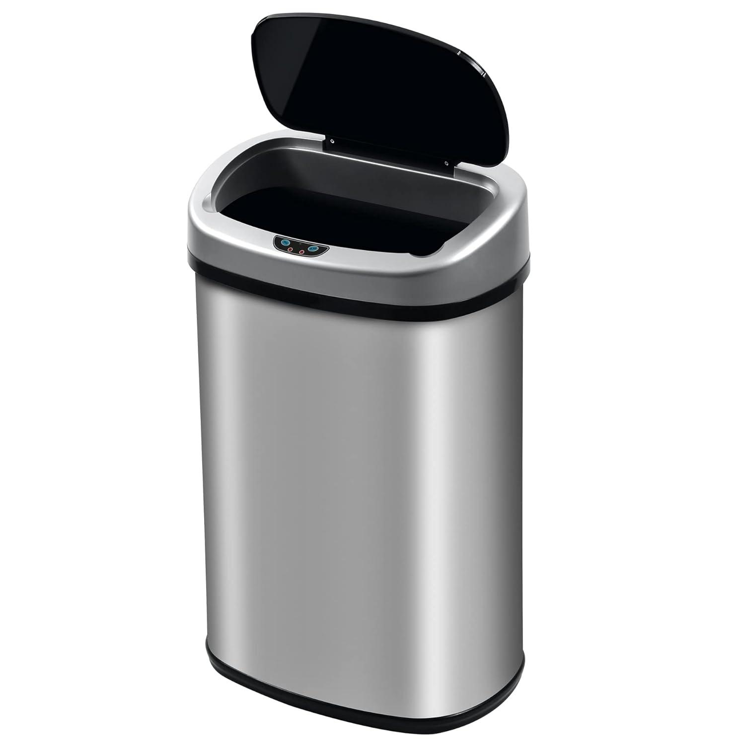 Stainless Steel Kitchen Trash Can - 13 Gallon Automatic Touch Free Garbage Can with Lid, High Capacity Electronic Touchless Sensor Trash Bin, Silver