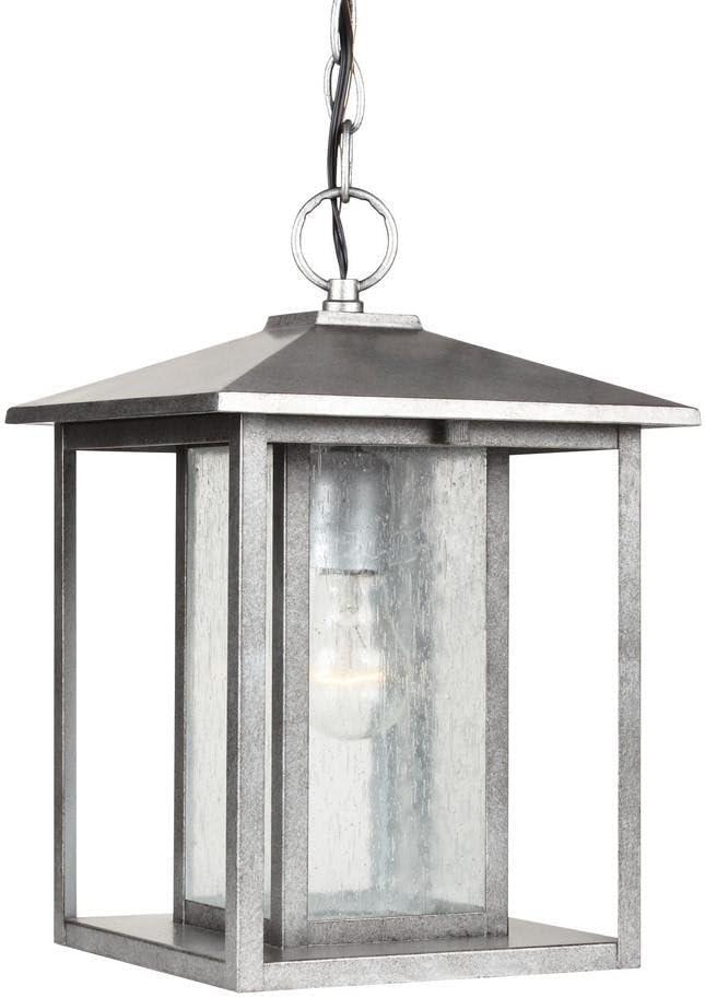 Hunnington 1-Light Outdoor Pendant in Weathered Pewter with Clear Seeded Glass