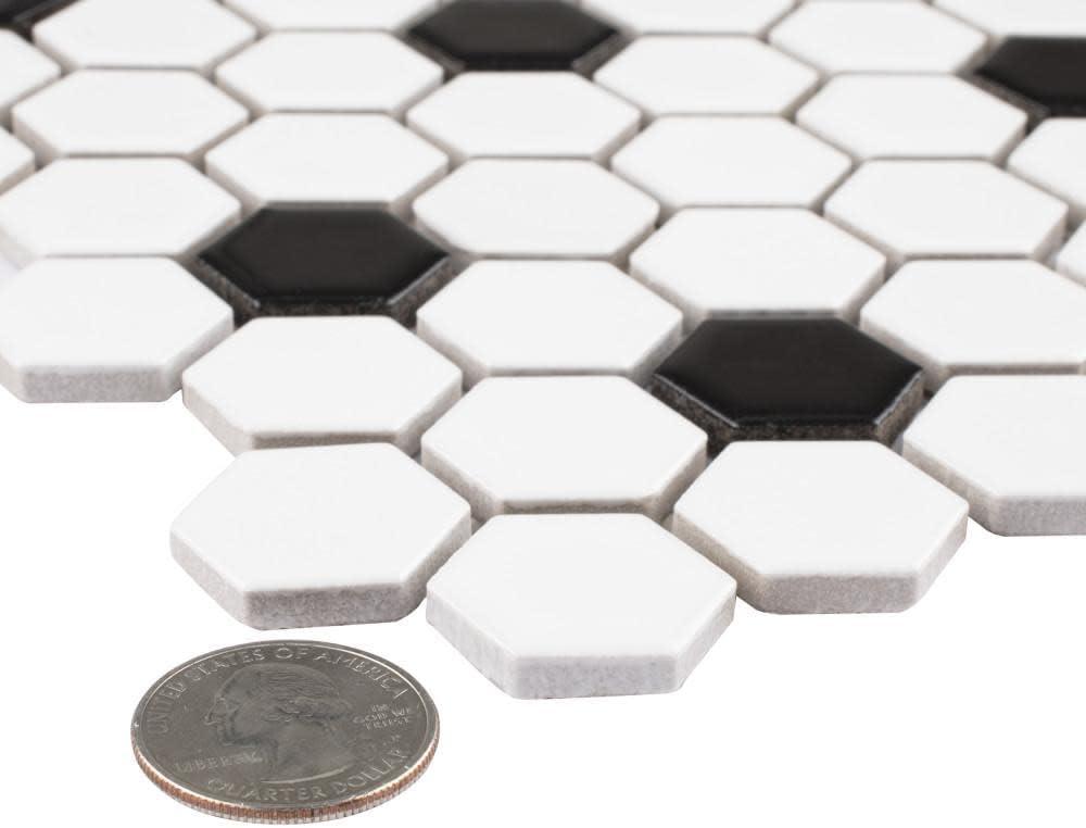 Madison 1" Hex Matte Cool White with Black Dot 10-1/4" x 11-7/8" Porcelain Mosaic Tile