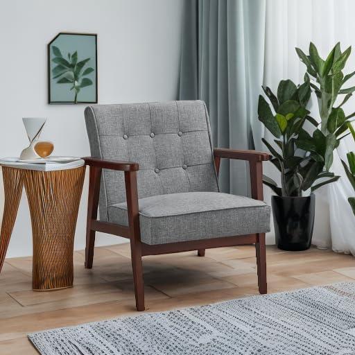 Corrigan Studio® Leisure Chair, Mid-Century Modern Arm Chair With Solid Wood Armrests And Legs,1-Seat Cushioned Sofa For Living Room Bedroom Balcony Studio,(Light Gray)